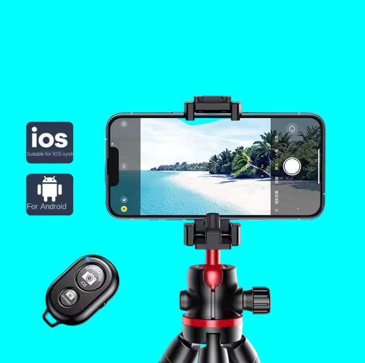 Phone with camera app open on a tripod, Bluetooth remote control, and scenic background