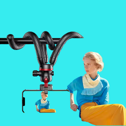 Flexible tripod arm with smartphone holder on a blue background